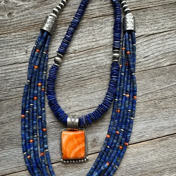 Sterling silver spiny oyster lapis necklace set